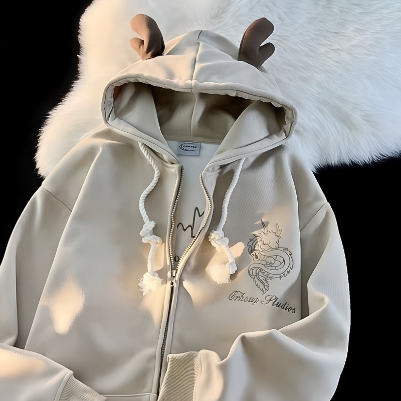 huvtröja herr, drakhoodie, hoodie med horn, lös huvtröja, oversize hoodie